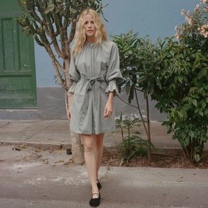 DOEN Miro Mini Dress Pond Blue Green Velvet Belt Long Sleeve XS